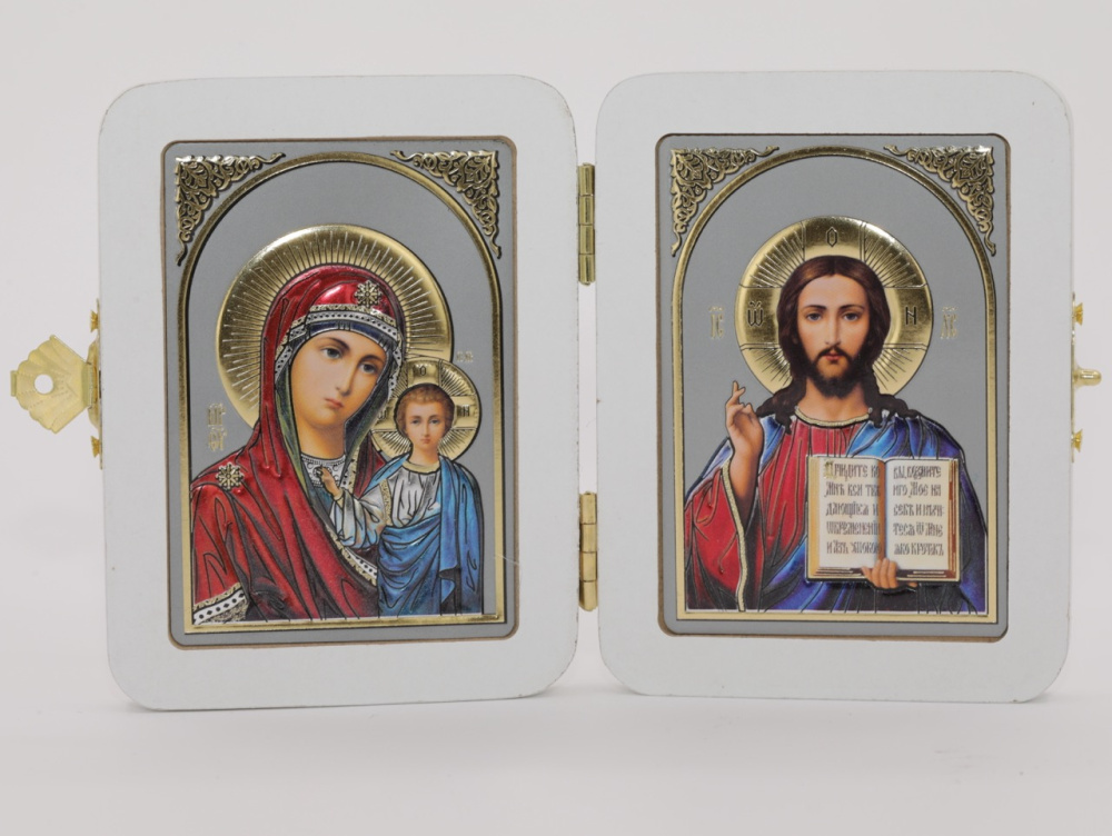 Складень (ERM) 6x9 БЕЛЫЙ мдф лам., Спаситель - Казанская (Академ, серебро, цвет)