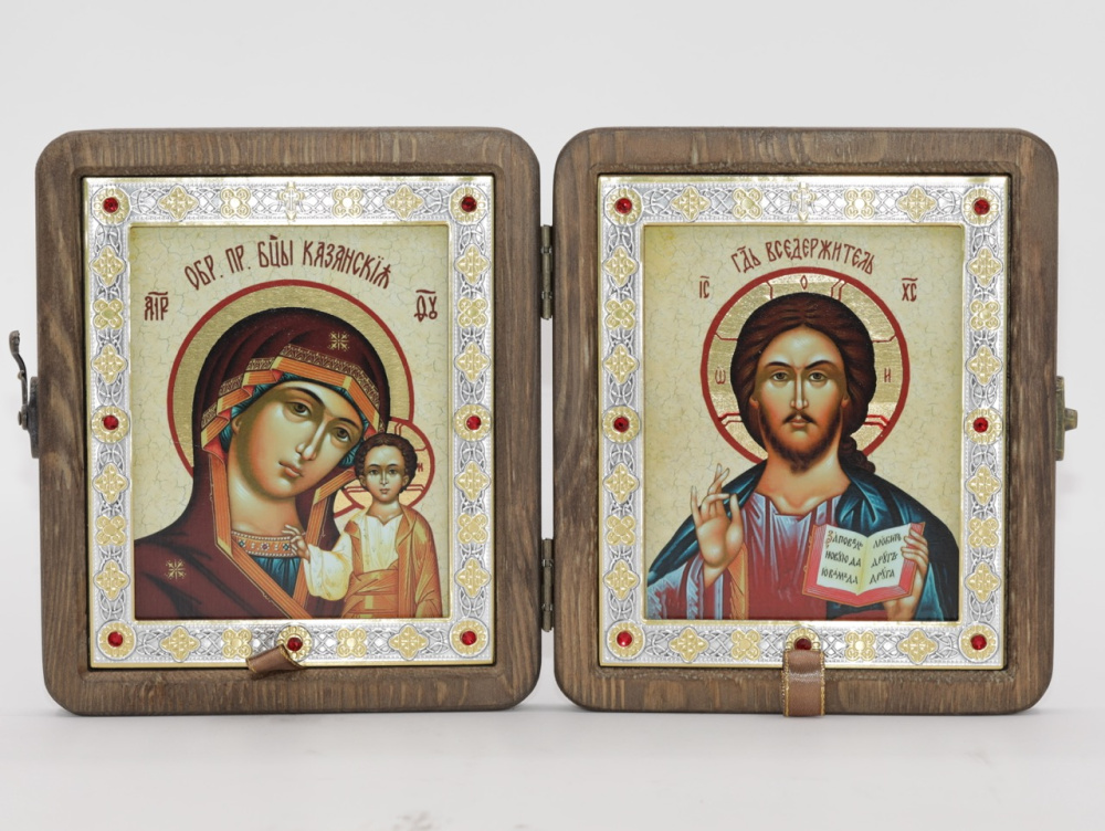 Складень (ERM) 11x13 ДЕРЕВО под старину, вставка металл с камнями, Спаситель - Казанская №4