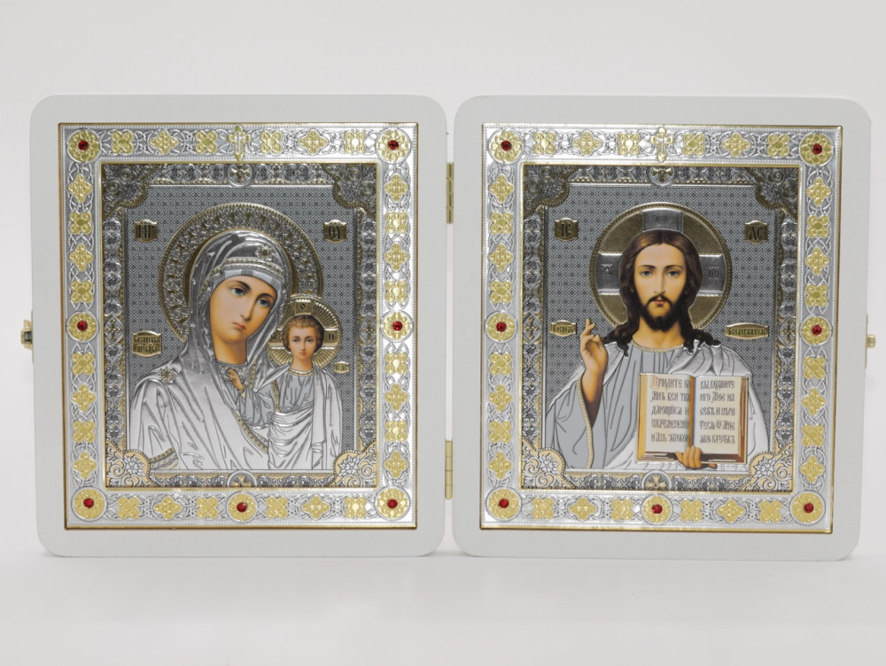 Складень (ERM) 15x18 БЕЛЫЙ вставка металл со стразами, Спаситель - Казанская №3