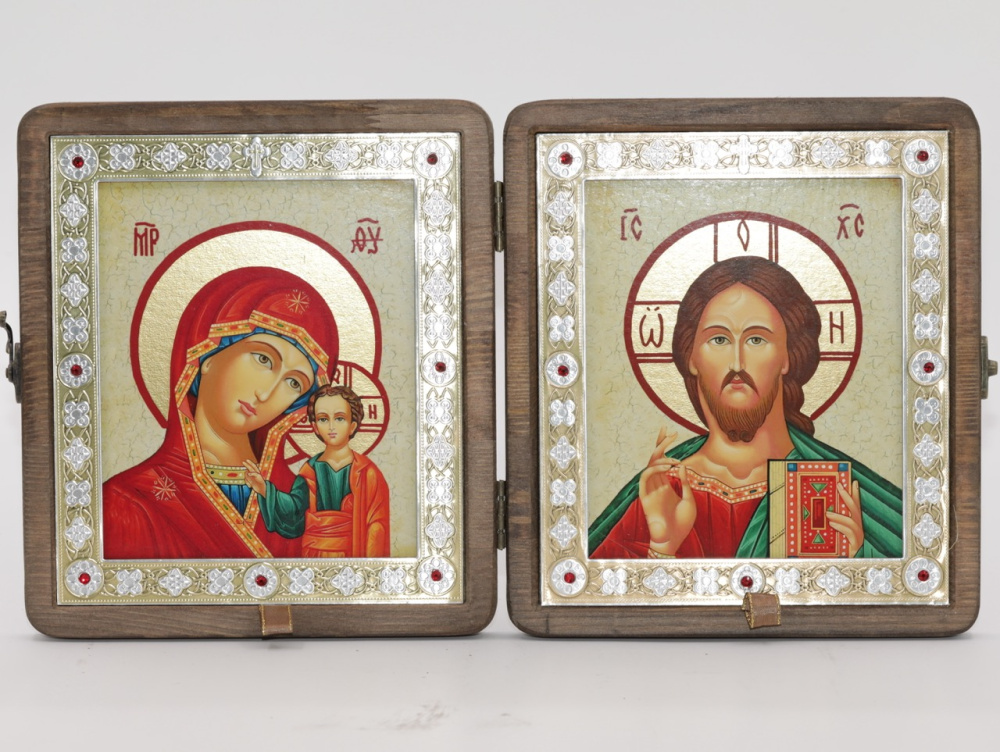 Складень (ERM) 15x18 ДЕРЕВО под старину, вставка металл с камнями, Спаситель - Казанская №3