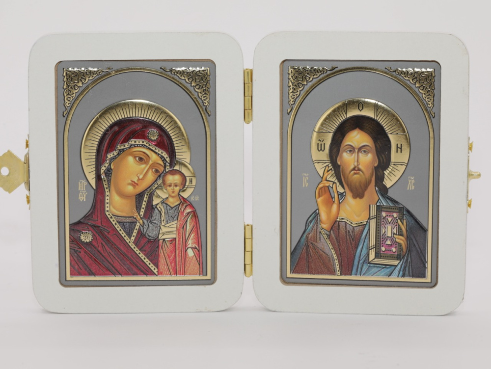 Складень (ERM) 6x9 БЕЛЫЙ мдф лам., Спаситель - Казанская (Визант, серебро, цвет)