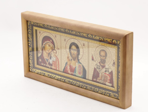 КИОТ под лик 30х12см (ERM) ТЕМНОЕ дерево, ЗОЛОТОЙ багет, триптих (визант) (2)
