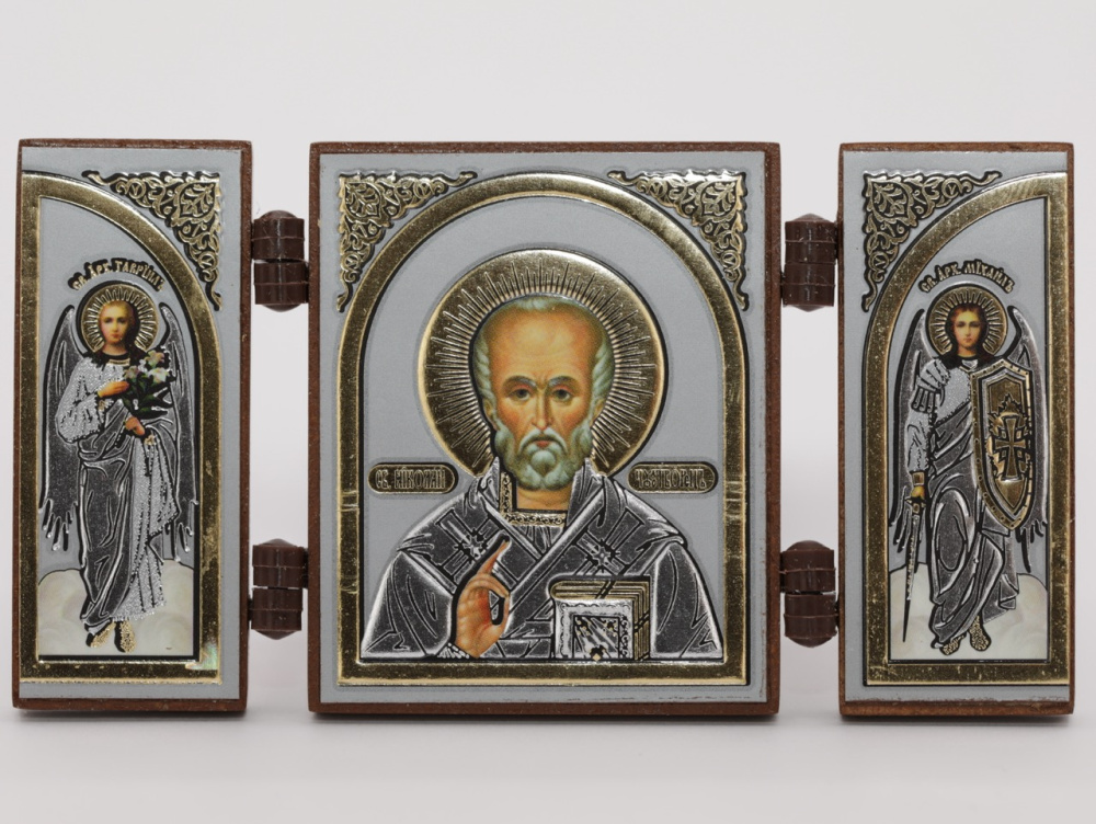 Складень (IMP) 4х5 МДФ СО СТВОРКАМИ, Николай Чудотворец (Визант, серебро)