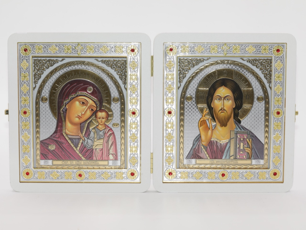 Складень (ERM) 15x18 БЕЛЫЙ вставка металл со стразами, Спаситель - Казанская №4