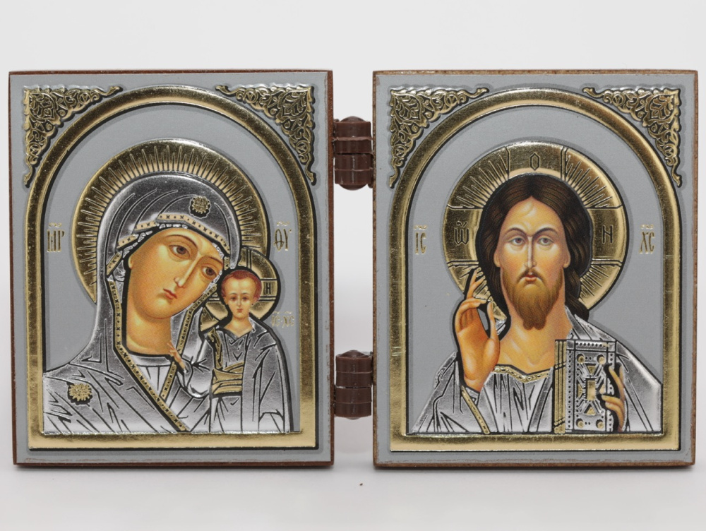 Складень (IMP) 4х5 МДФ ДВОЙНОЙ, Спаситель - Казанская (Визант, серебро)