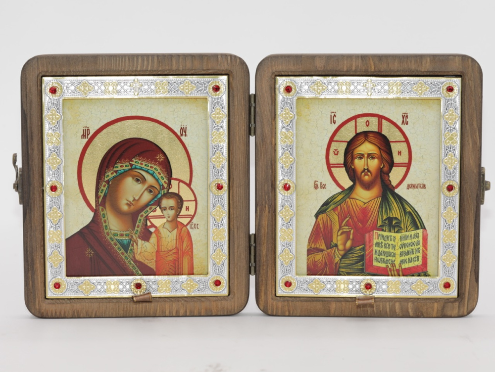 Складень (ERM) 11x13 ДЕРЕВО под старину, вставка металл с камнями, Спаситель - Казанская №2