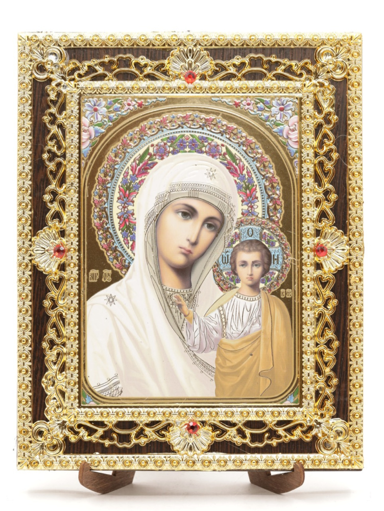 Икона 17x22 (ERM) на планшете, ЗОЛОТОЙ АЖУР, Казанская №1 (бел)