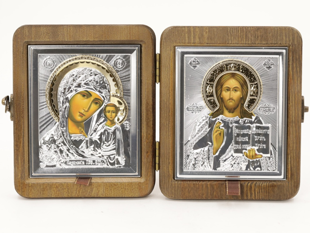 Складень (ERM) 11x13 деревянный, РИЗА золото, серебро, крест