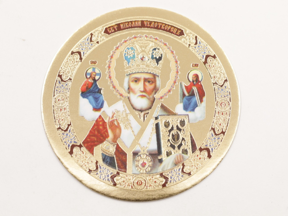 Икона круг D5см, Николай Чудотворец в митре (красн)