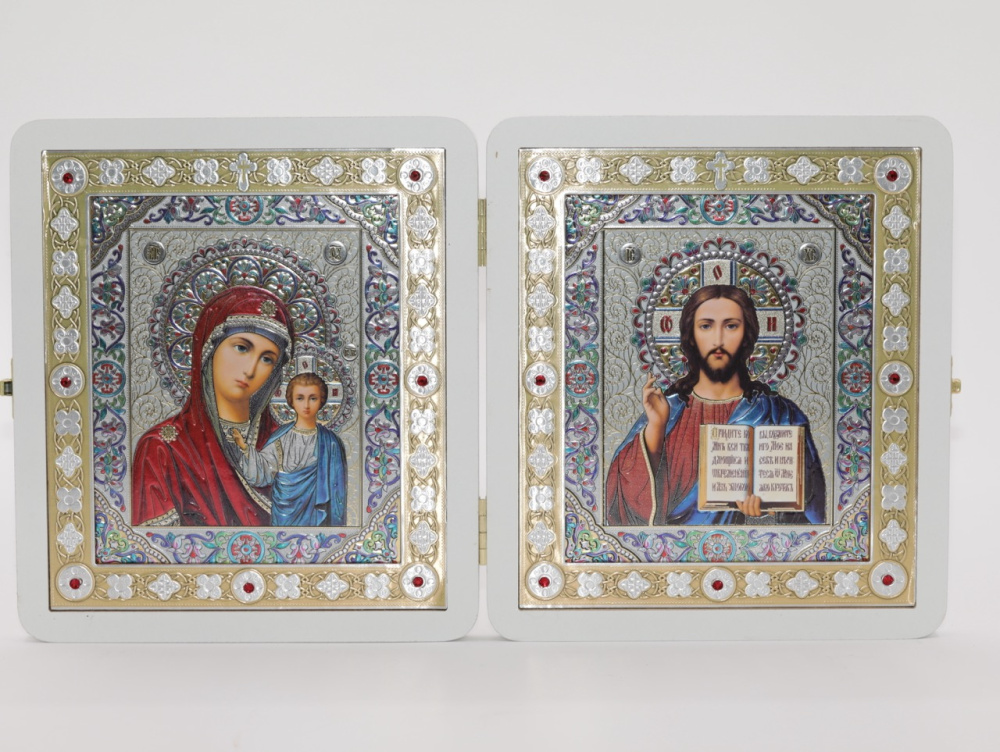 Складень (ERM) 15x18 БЕЛЫЙ вставка металл со стразами, Спаситель - Казанская №1