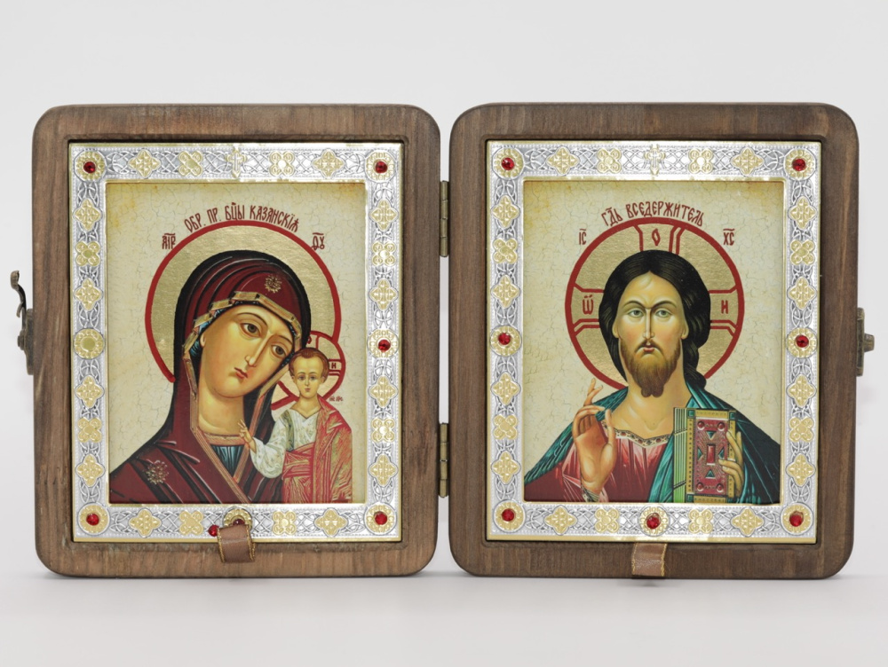 Складень (ERM) 11x13 ДЕРЕВО под старину, вставка металл с камнями, Спаситель - Казанская №1