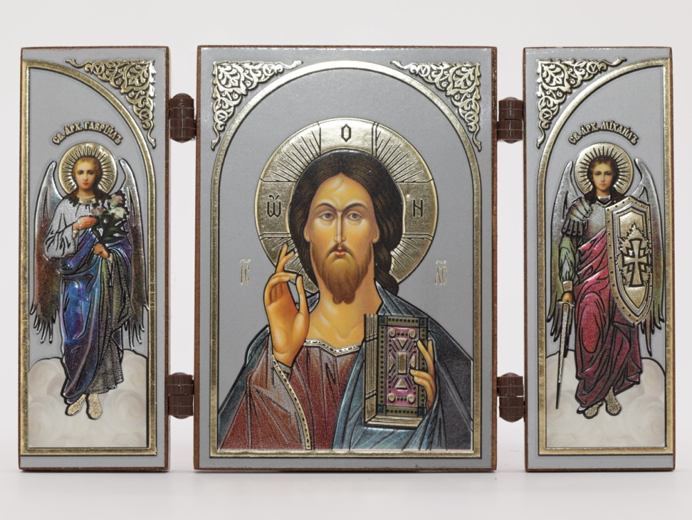 Складень (IMP) 6х9 МДФ СО СТВОРКАМИ, Спаситель (Визант, серебро, цвет)