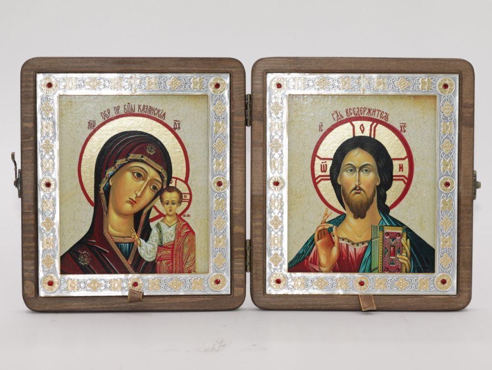 Складень (ERM) 15x18 ДЕРЕВО под старину, вставка металл с камнями, Спаситель - Казанская №1