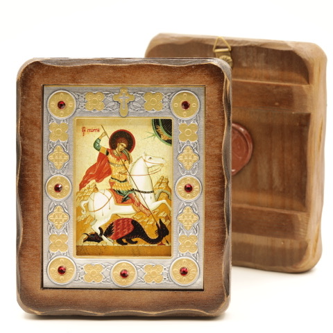 Икона 7х10 (ERM) деревянная под старину ВИЗАНТИКОС, Георгий Победоносец (со знамением)