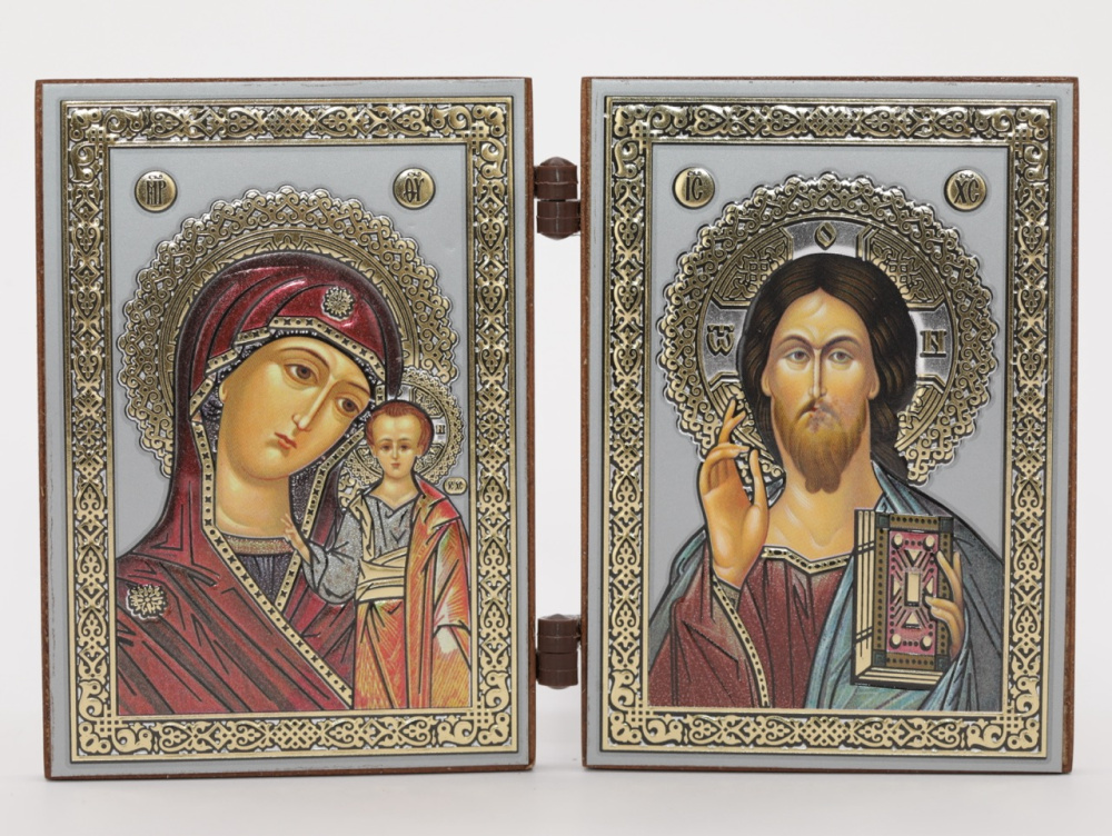 Складень (IMP) 6х9 МДФ ДВОЙНОЙ, Спаситель - Казанская (Визант, серебро, цвет)