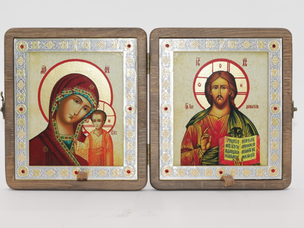 Складень (ERM) 15x18 ДЕРЕВО под старину, вставка металл с камнями, Спаситель - Казанская №2