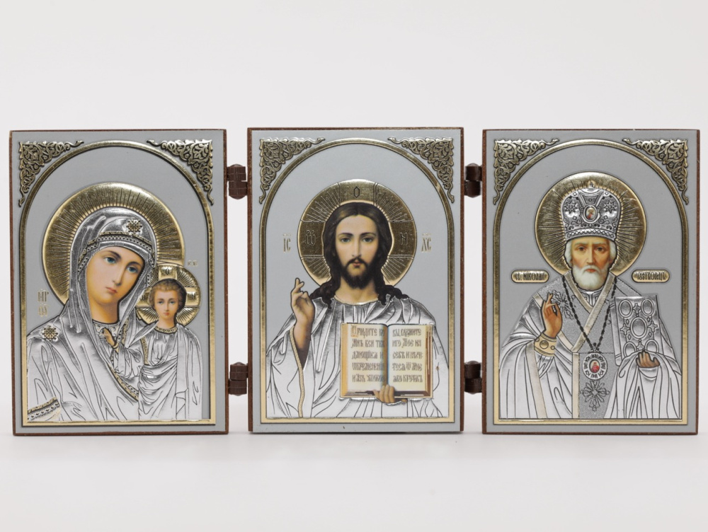 Складень (IMP) 6х9 МДФ ТРОЙНОЙ, Спас - Казанская - Николай (Академ, серебро)