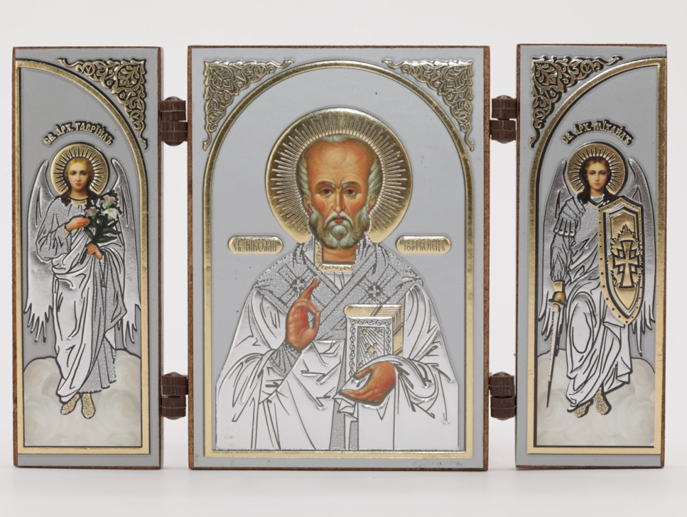 Складень (IMP) 6х9 МДФ СО СТВОРКАМИ, Николай Чудотворец (Визант, серебро)