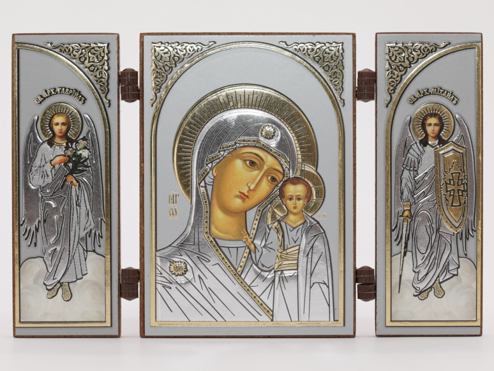 Складень (IMP) 6х9 МДФ СО СТВОРКАМИ, Казанская (Визант, серебро)