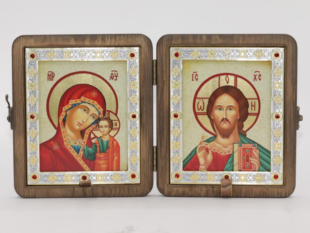 Складень (ERM) 11x13 ДЕРЕВО под старину, вставка металл с камнями, Спаситель - Казанская №3