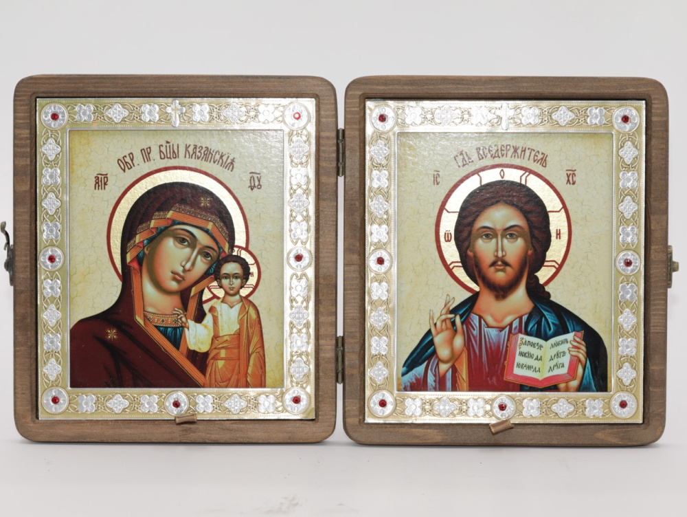 Складень (ERM) 15x18 ДЕРЕВО под старину, вставка металл с камнями, Спаситель - Казанская №4