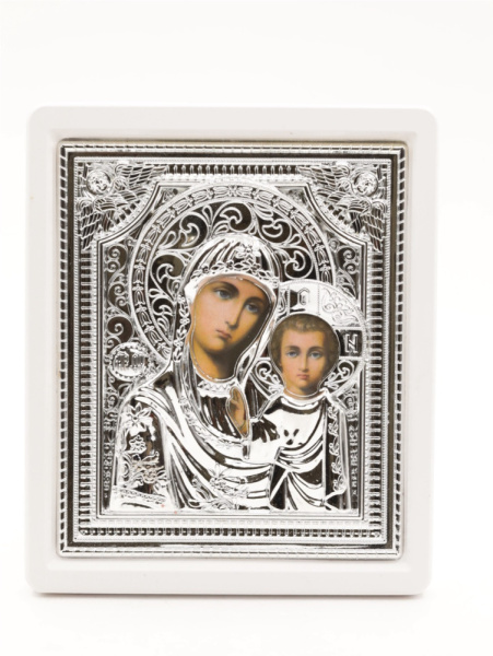 Икона 15x18 (ERM) деревянная БЕЛАЯ, РИЗА серебряная, Казанская