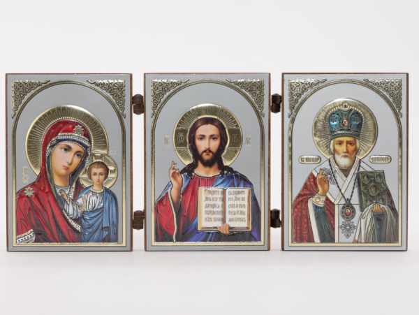 Складень (IMP) 6х9 МДФ ТРОЙНОЙ, Спас - Казанская - Николай (Академ, серебро, цвет)