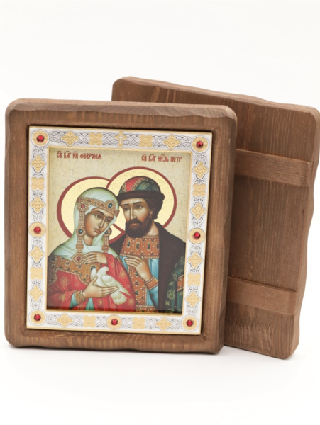Икона 11х13 (ERM) деревянная под старину ВИЗАНТИКОС, Петр и Феврония (поясн., с голубком)