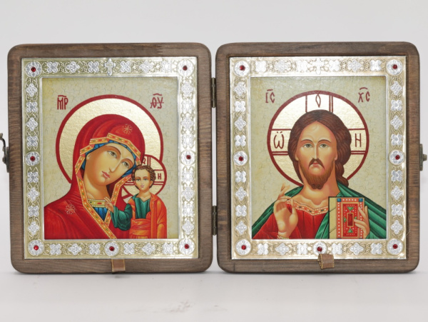 Складень (ERM) 15x18 ДЕРЕВО под старину, вставка металл с камнями, Спаситель - Казанская №3