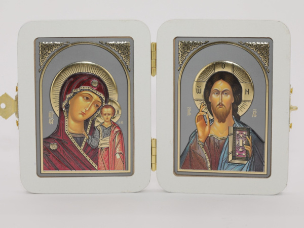 Складень (ERM) 6x9 БЕЛЫЙ мдф лам., Спаситель - Казанская (Визант, серебро, цвет)