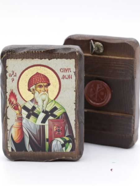 Икона 7х10 (ERM) деревянная под старину, Спиридон Тримифунтский (поясн) 2