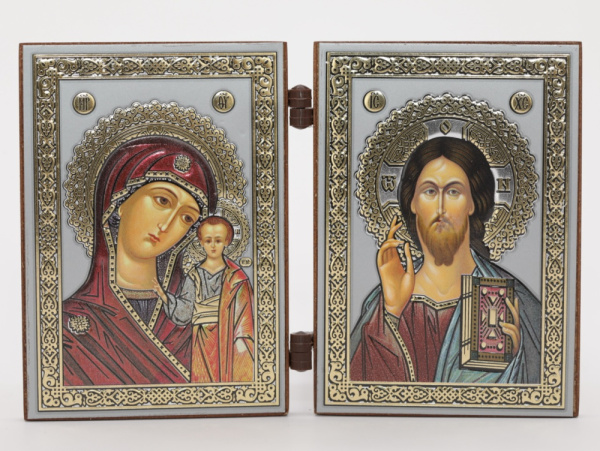 Складень (IMP) 6х9 МДФ ДВОЙНОЙ, Спаситель - Казанская (Визант, серебро, цвет)