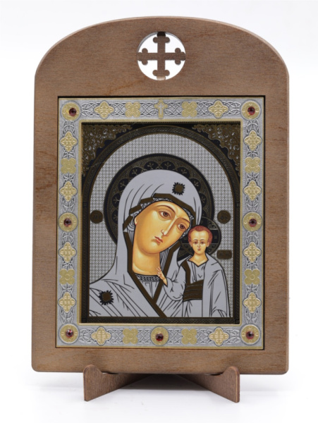 Икона 11x13 (ERM) деревянная, вставка металл, Казанская №2 (серебро)