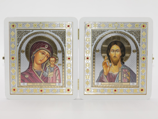 Складень (ERM) 15x18 БЕЛЫЙ вставка металл со стразами, Спаситель - Казанская №4