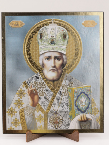 Икона на оргалите 15x18 (тисн), 015 Белый тон, Николай Чудотворец (2)