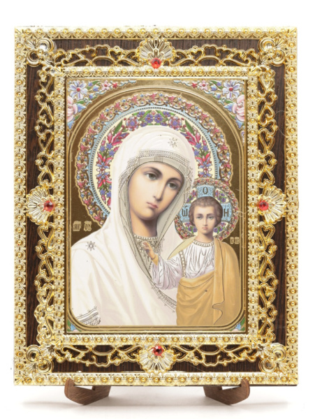 Икона 17x22 (ERM) на планшете, ЗОЛОТОЙ АЖУР, Казанская №1 (бел)