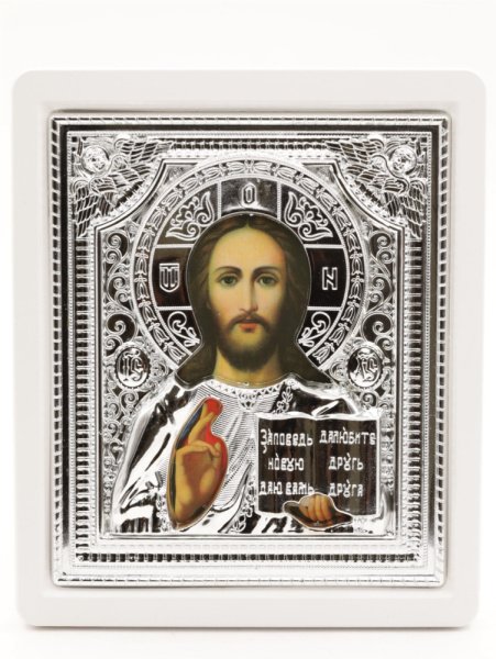 Икона 15x18 (ERM) деревянная БЕЛАЯ, РИЗА серебряная, Спаситель (2)