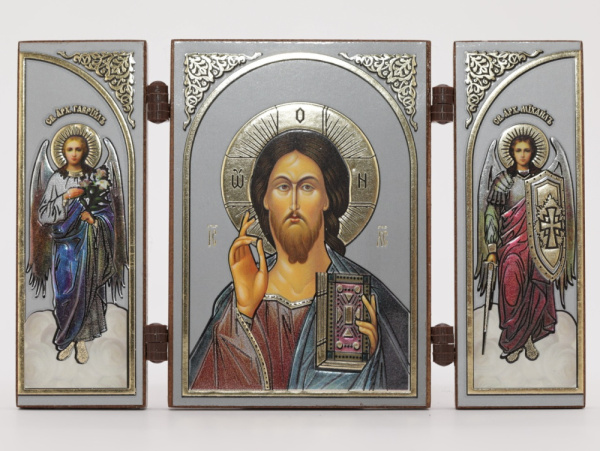 Складень (IMP) 6х9 МДФ СО СТВОРКАМИ, Спаситель (Визант, серебро, цвет)