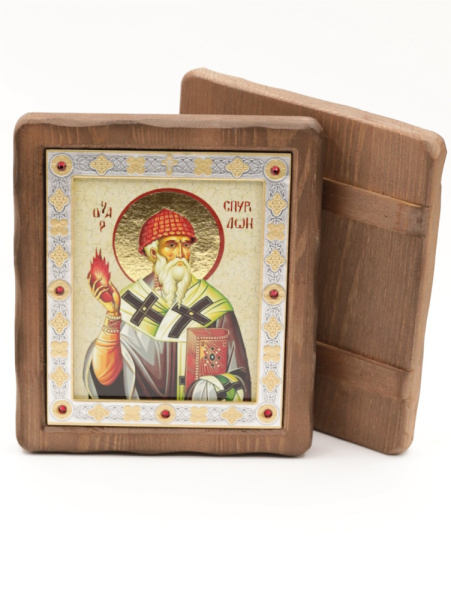 Икона 11х13 (ERM) деревянная под старину ВИЗАНТИКОС, Спиридон Тримифунтский (поясн) 2