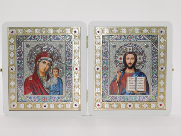 Складень (ERM) 15x18 БЕЛЫЙ вставка металл со стразами, Спаситель - Казанская №1