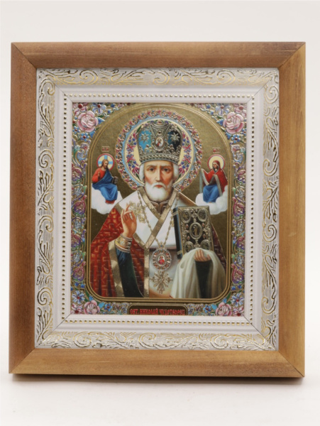 КИОТ 15х18 (ERM) ДЕРЕВО, БЕЛЫЙ багет, Николай Чудотворец