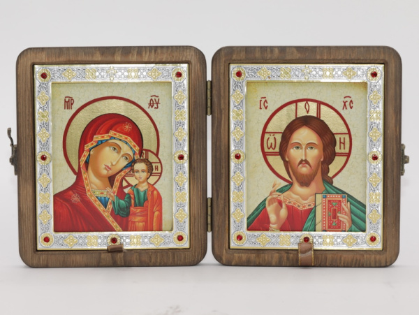 Складень (ERM) 11x13 ДЕРЕВО под старину, вставка металл с камнями, Спаситель - Казанская №3