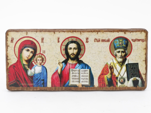 Икона 30х12 (ERM) деревянная под старину, Тройная Спаситель-Казанская-Николай (академ)