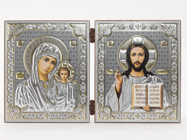 Складень (IMP) 10х12 МДФ ДВОЙНОЙ, Спаситель - Казанская (Академ, серебро)