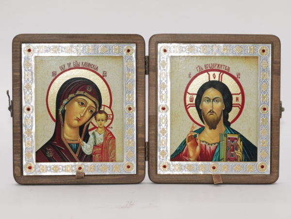 Складень (ERM) 15x18 ДЕРЕВО под старину, вставка металл с камнями, Спаситель - Казанская №1