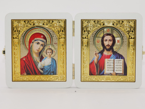 Складень (ERM) 10x12, БЕЛЫЙ золотая АРКА, Спаситель - Казанская (Академ, красн)