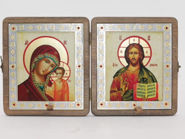 Складень (ERM) 15x18 ДЕРЕВО под старину, вставка металл с камнями, Спаситель - Казанская №2