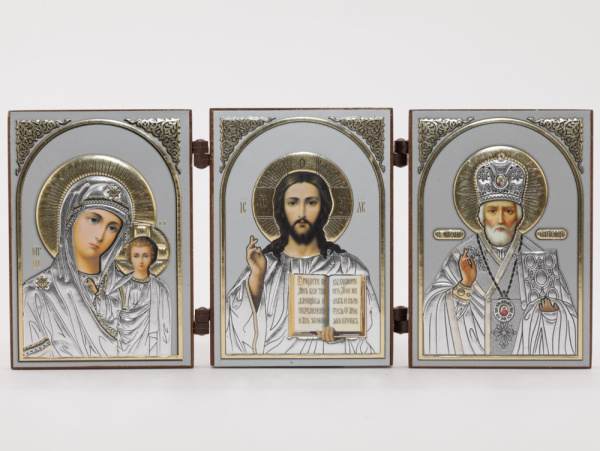 Складень (IMP) 6х9 МДФ ТРОЙНОЙ, Спас - Казанская - Николай (Академ, серебро)
