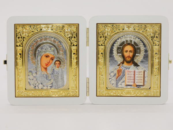 Складень (ERM) 10x12, БЕЛЫЙ золотая АРКА, Спаситель - Казанская (Академ, сер)