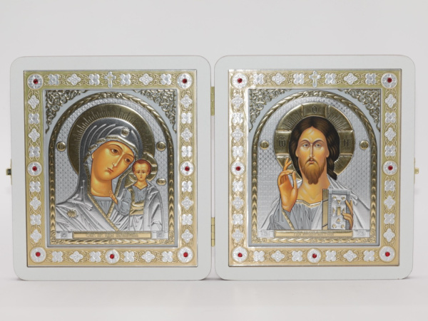 Складень (ERM) 15x18 БЕЛЫЙ вставка металл со стразами, Спаситель - Казанская №8